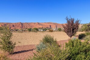 Set amidst a desert landscape, this serene scene features lush greenery and vibrant purple flowers.