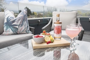 A table with a bottle of Fox's Gin, a glass of pink drink, a bowl of raspberries, and a book on a balcony with wicker furniture and a view of the outdoors.