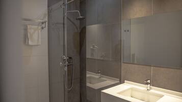 Shower, hair dryer, bidet, towels
