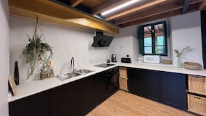 Une cuisine moderne avec des meubles de couleur sombre, un plan de travail blanc et une plante suspendue.