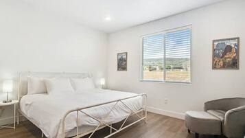 A bedroom with a metal bed frame, a single bedside table with a lamp, a chair, and two windows with blinds.