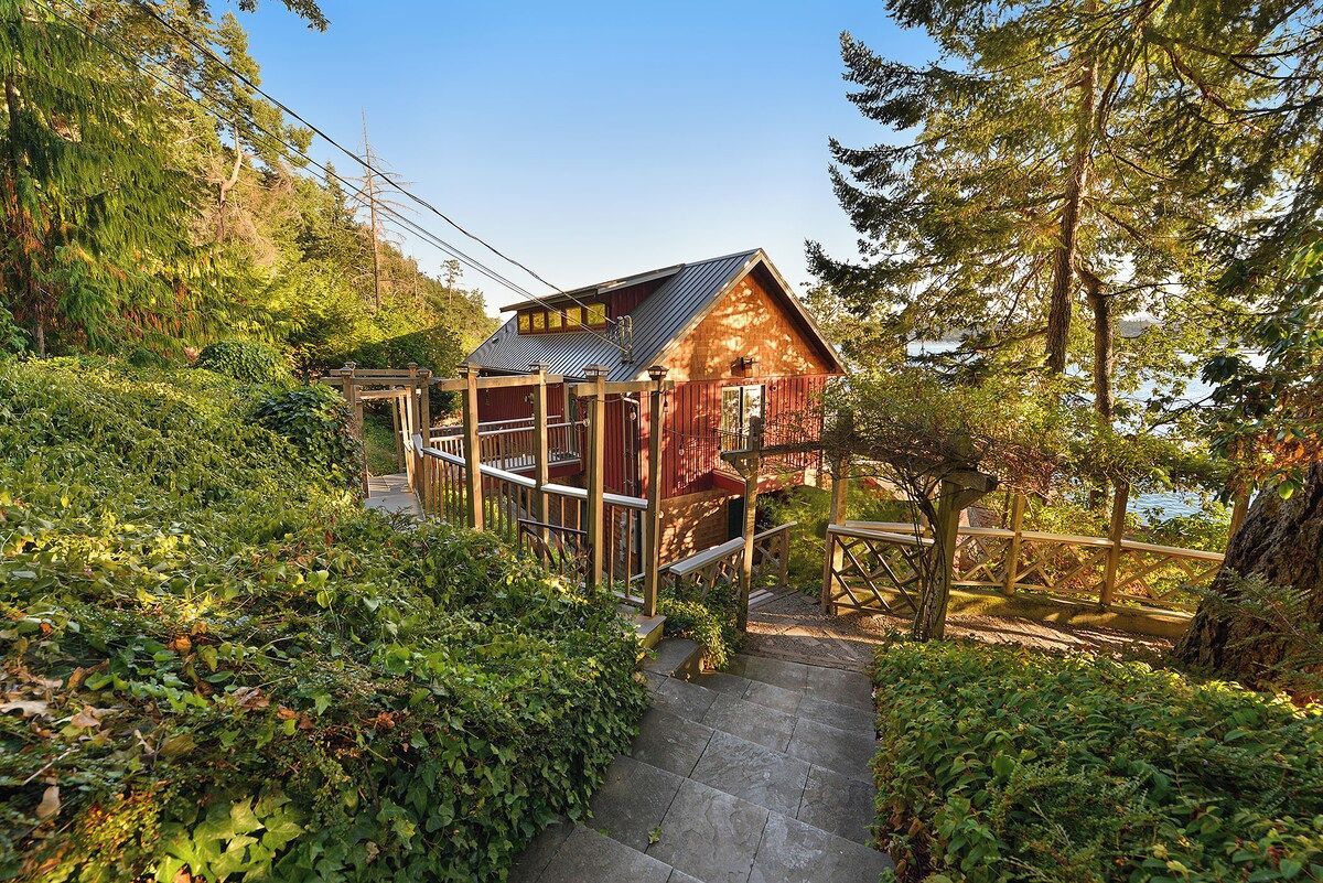 A cabin with a metal roof, surrounded by dense greenery and a wooden deck.
