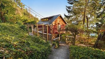 A cabin with a metal roof, surrounded by dense greenery and a wooden deck.