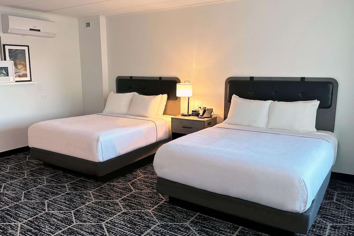 Ein Hotelzimmer mit zwei Betten, einem Nachttisch mit Lampe und einem gemusterten Teppich.