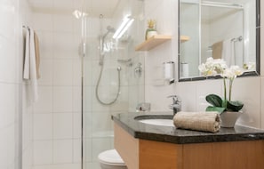 Shower, hair dryer, towels