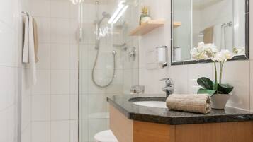 Shower, hair dryer, towels