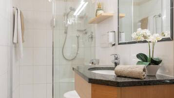 Shower, hair dryer, towels