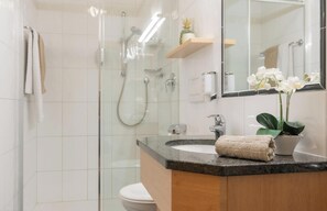 Regadera, secadora de cabello, toallas 