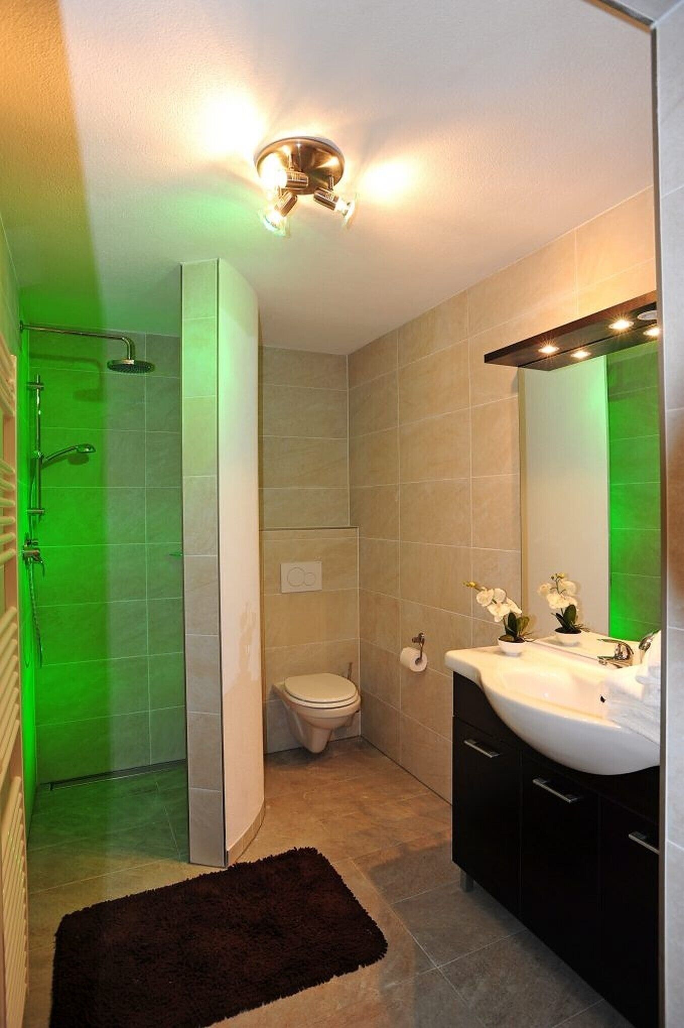 Une salle de bain moderne équipée d’une douche, de toilettes et d’un lavabo, avec une zone de douche illuminée de lumière verte et un grand miroir.