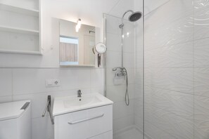 Shower, hair dryer, towels