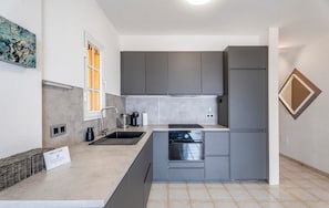 A modern kitchen with grey cabinets, a built-in oven, and a sink.