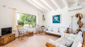 Una sala de estar con televisor, sillas de mimbre, sofá, ventana grande y ventilador de techo.