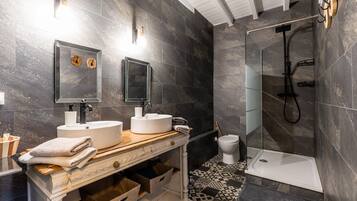 Shower, hair dryer, towels