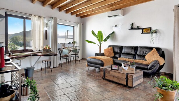 A modern living room with a black leather sofa, wooden coffee table, and potted plants. - Holiday Home 'Guenia I' with Mountain View, Wi-Fi and Air Conditioning (Teguise)