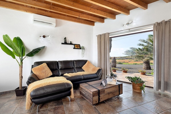 Un salon avec un canapé en cuir noir, une table basse en bois, une plante en pot et une vue sur des palmiers par la fenêtre.