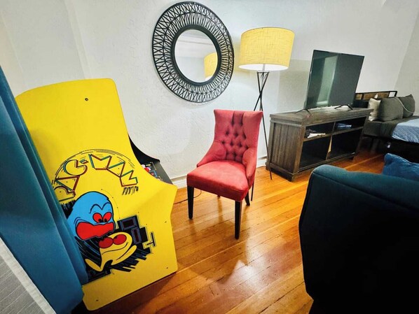 1 bedroom, desk, iron/ironing board, travel crib