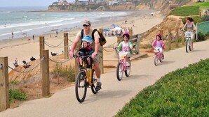 A coastal path with cyclists and beachgoers.