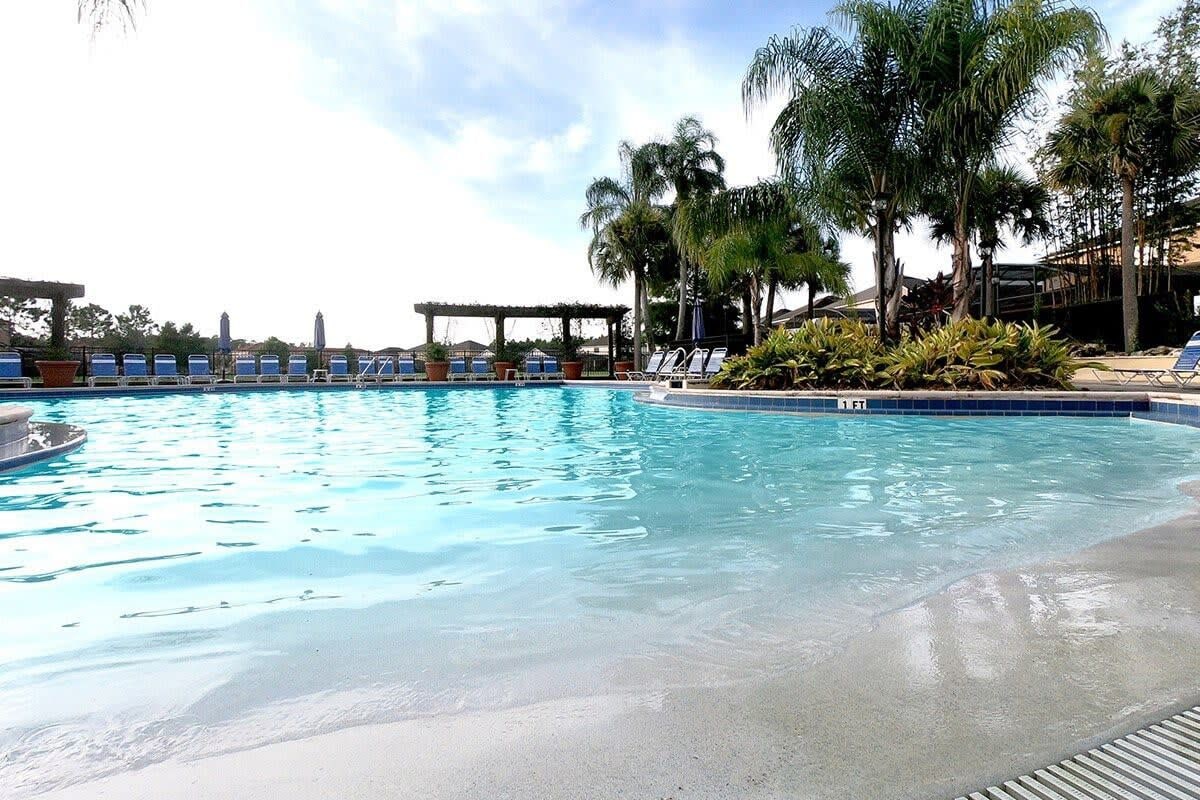 A swimming pool with lounge chairs and palm trees.