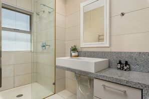 Douche, séchoir à cheveux, serviettes fournies, savon