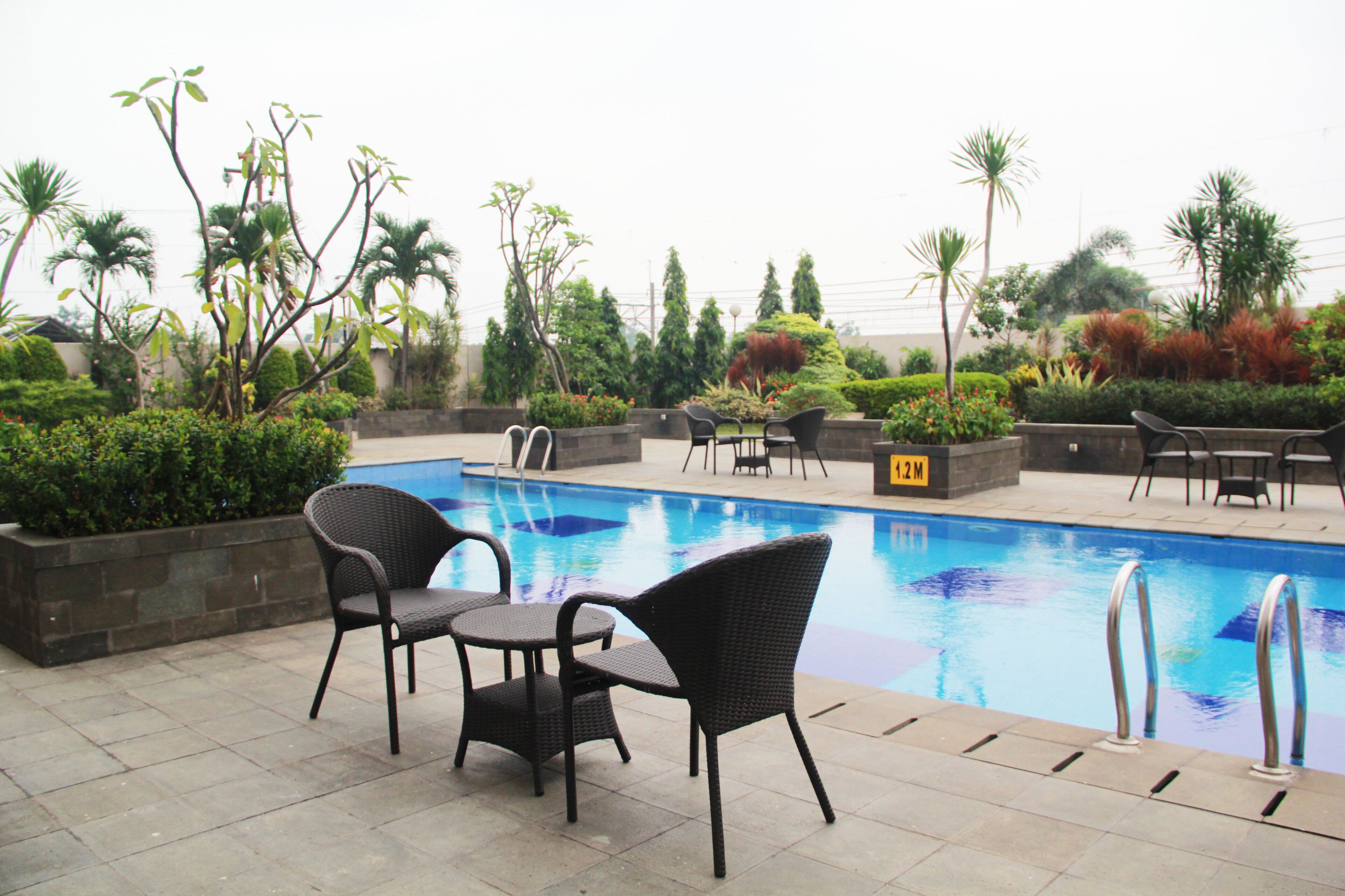 A pool area with chairs and a table, surrounded by various plants and trees.