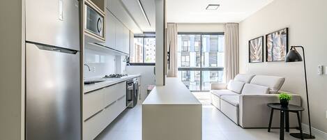 Fridge, microwave, oven, coffee/tea maker