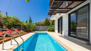 Ein Schwimmbad mit roten Liegestühlen und ein modernes Haus mit großen Fenstern.