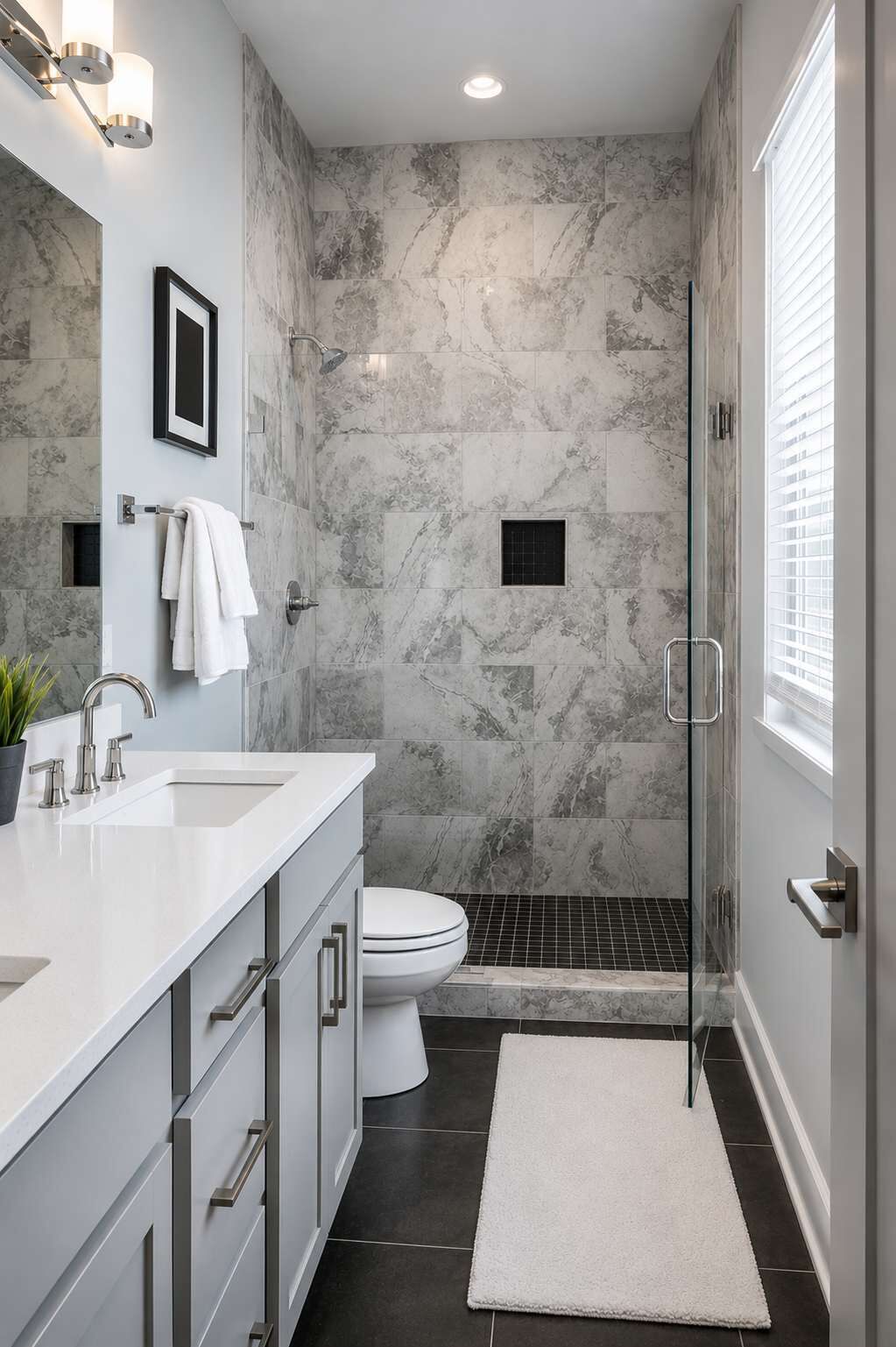 Un baño moderno con ducha, inodoro y zona de lavamanos.