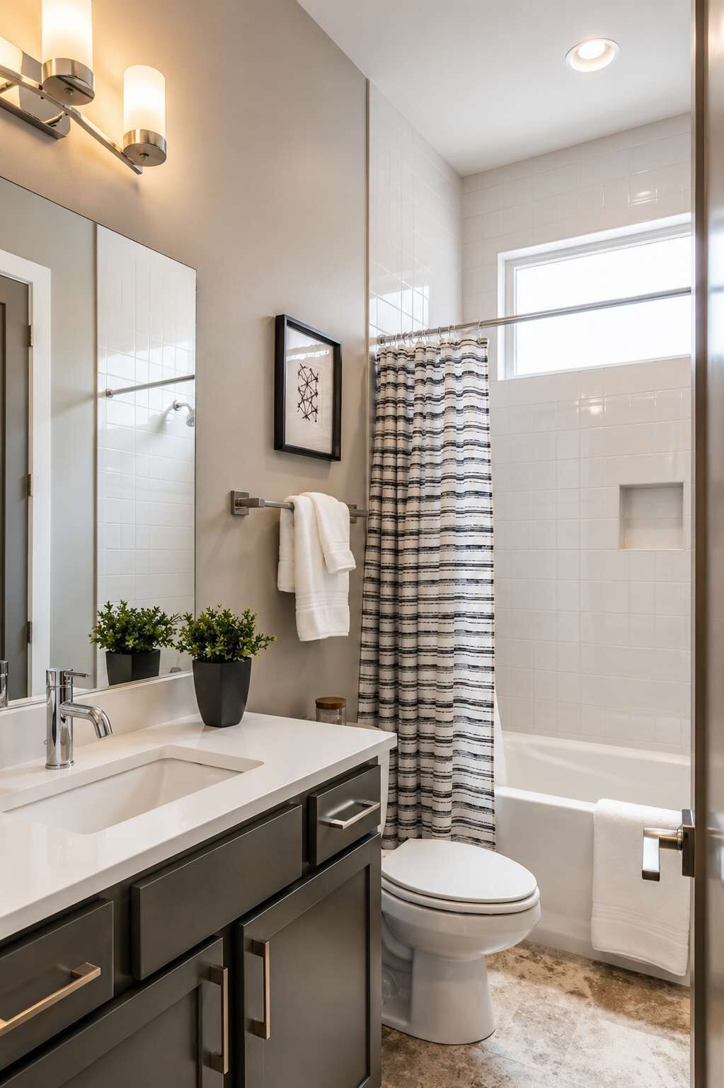 Une salle de bain moderne équipée d’une douche, de toilettes et d’un lavabo.