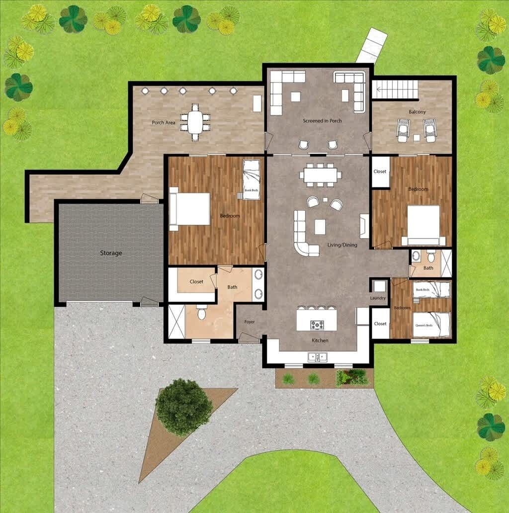 Un plan d’étage d’une maison comprenant une véranda, une terrasse grillagée, un balcon, une chambre, un salon/salle à manger, une cuisine, une salle de bain, un espace de rangement et un hall d’entrée.