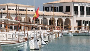 Una marina con diverse imbarcazioni ormeggiate, un edificio con finestre ad arco e una bandiera.