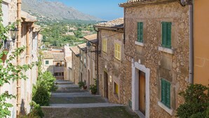 Una calle estrecha con edificios de piedra, contraventanas verdes y una montaña al fondo.