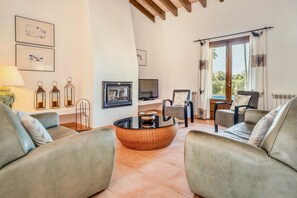 Televisie, een open haard en een tafeltennistafel