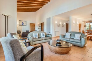 Een televisie, een open haard en een tafeltennistafel