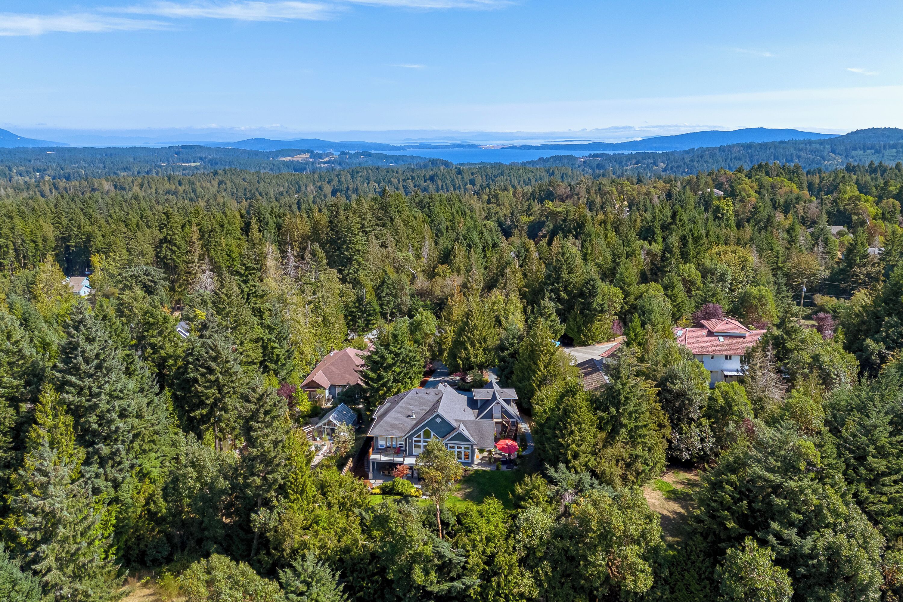 Ein Wohngebiet mit mehreren Häusern, umgeben von dichtem Wald, mit freiem Blick auf die umliegende Landschaft.
