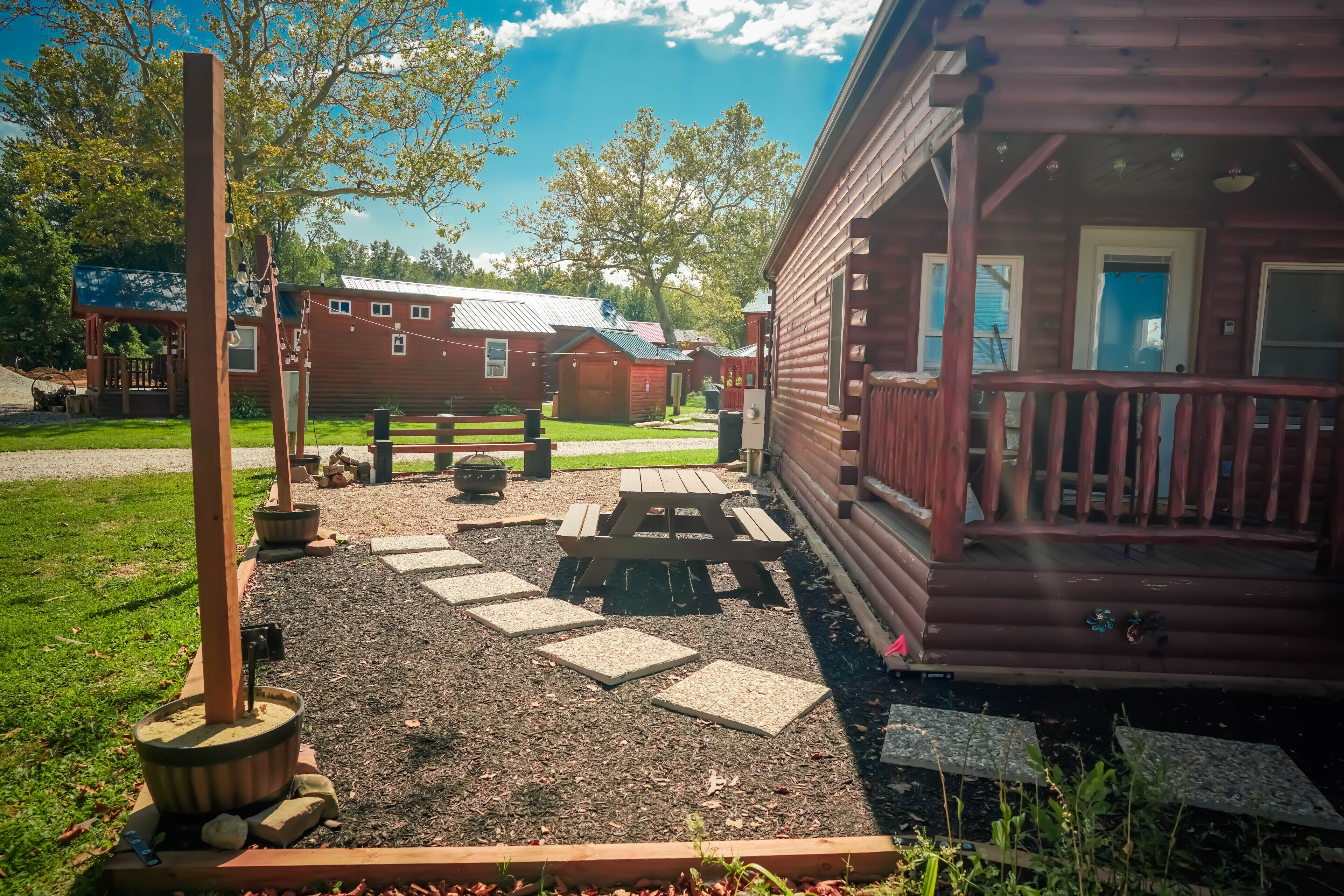 A rustic wooden cabin with a porch, a picnic table, and a fire pit in a landscaped area.