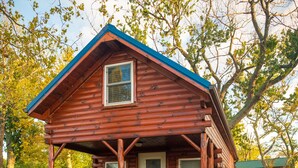A wooden cabin with a porch, a covered picnic table, and a small shed. - Charming Lakeview Cabin Near Geneva-On-The-Lake, The Perfect Getaway! (Ashtabula)