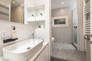 Shower, hair dryer, towels
