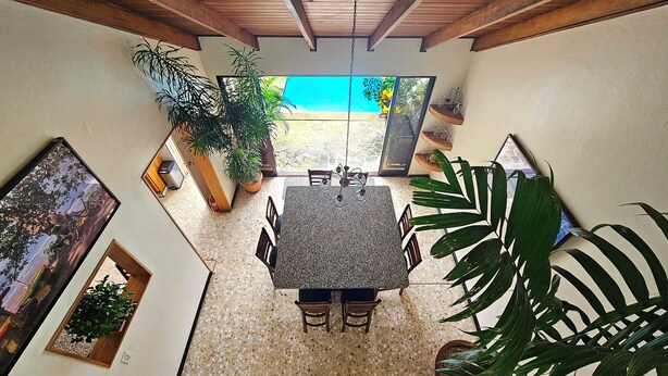 An interior with a dining area, potted plants, and artwork.