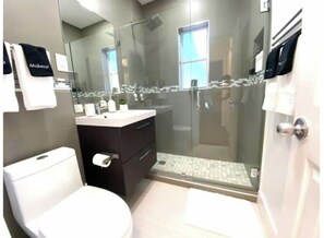 Shower, hair dryer, towels, soap