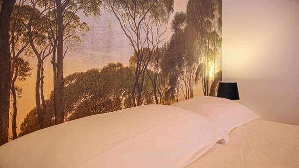 A bed with a white sheet and a wall mural of trees. - Little House - GARDEN - GRAULHET (Graulhet)
