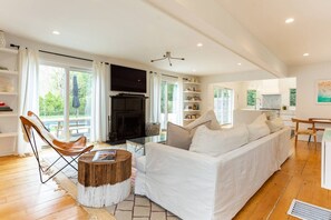 テレビ、暖炉、書庫、ステレオ