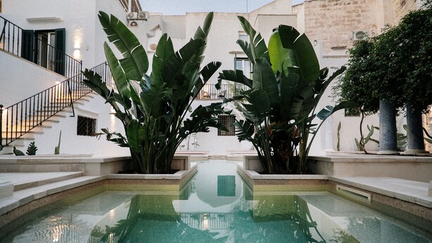 A swimming pool with a reflection, surrounded by large plants and a staircase. - Palazzo Flora (Gallipoli)