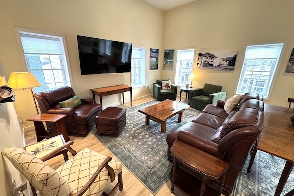 LR with 15' ceiling and 75" Roku TV