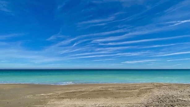 Une plage avec un ciel dégagé et une mer calme.