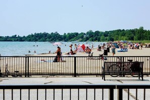 On the beach, sun loungers, beach towels