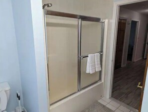 Shower, towels, soap, shampoo
