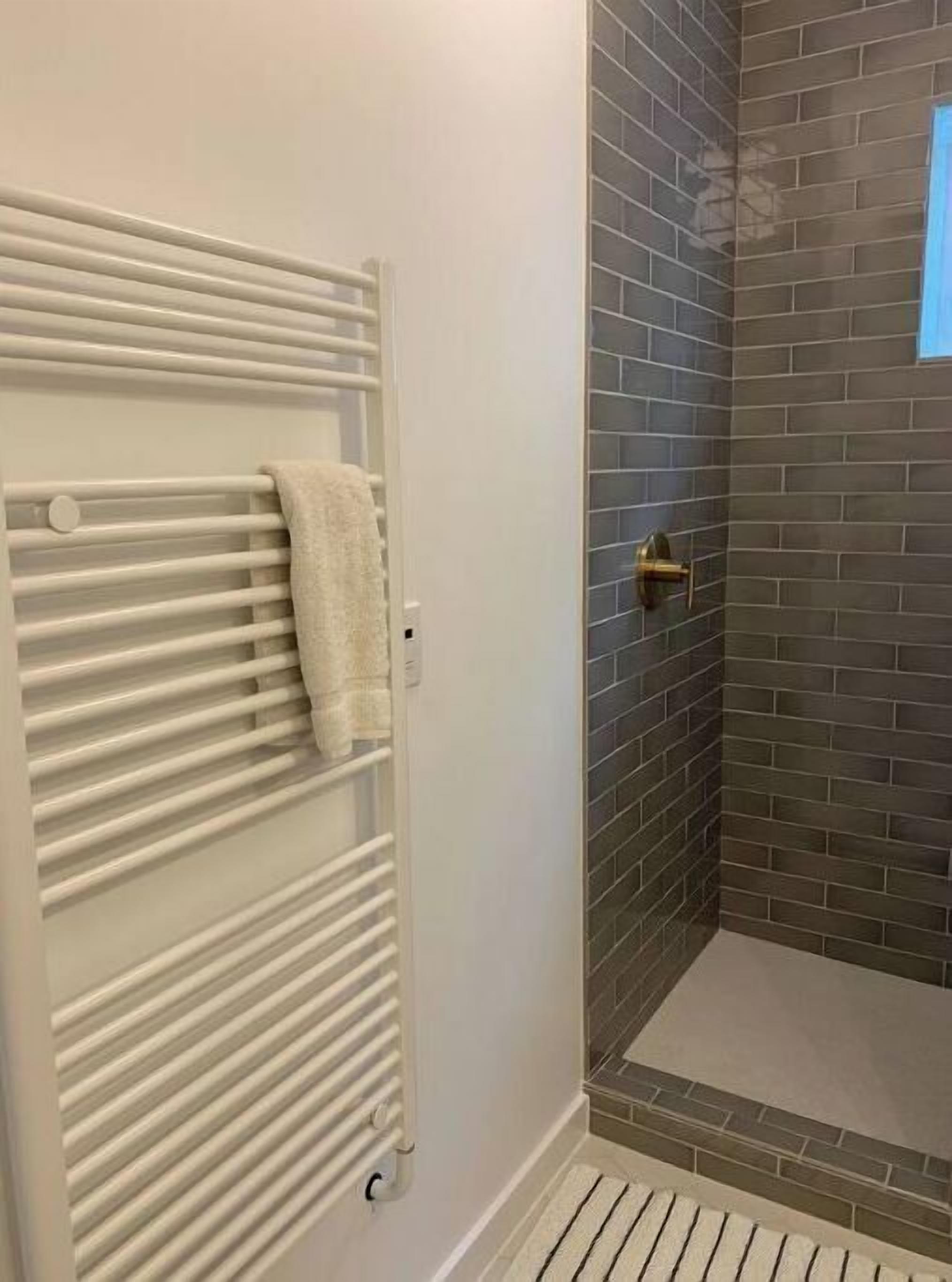 Shower, eco-friendly toiletries, hair dryer, towels