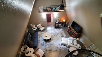 Smart TV, fireplace, books