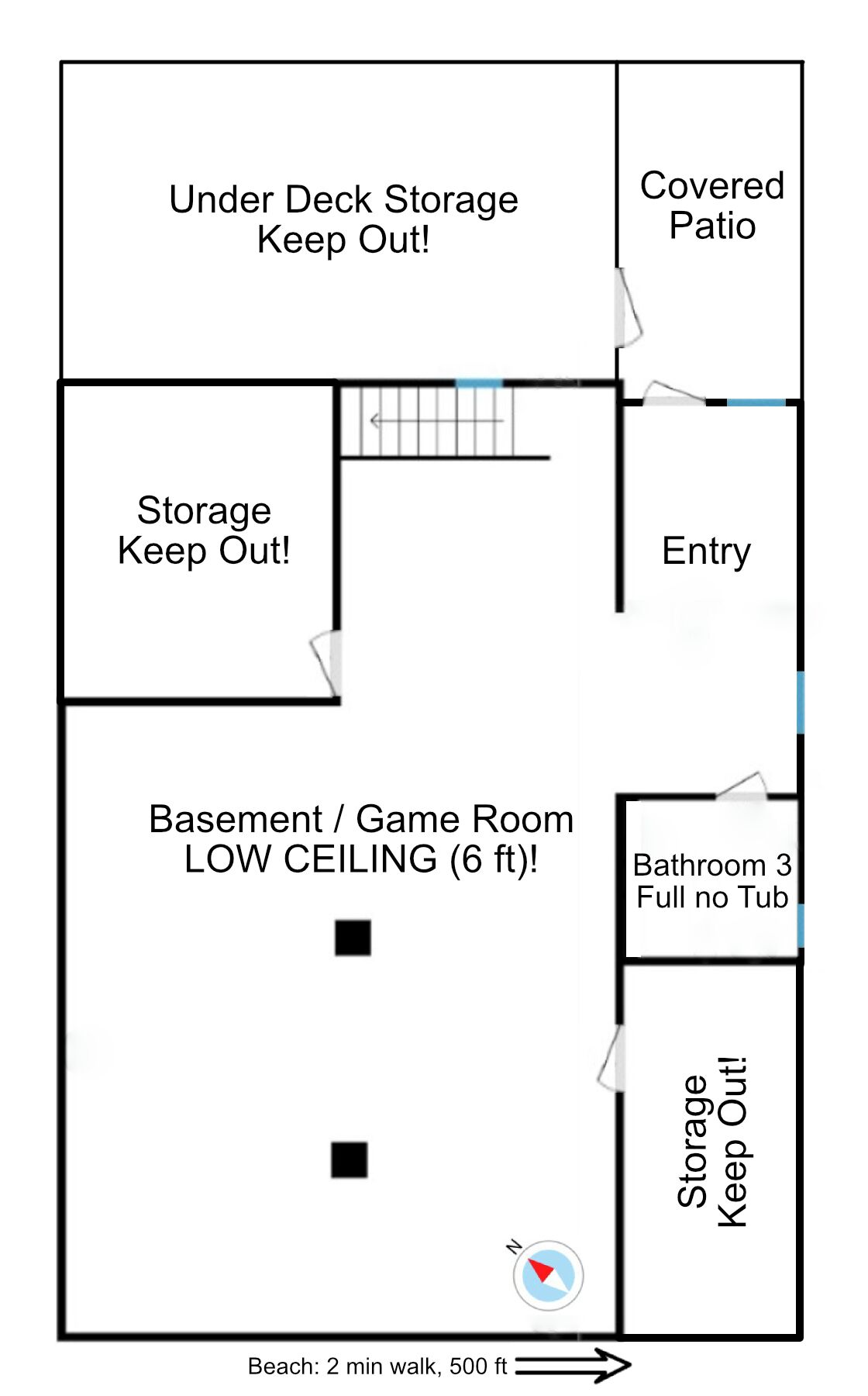A floor plan of a building with labeled areas such as 'Under Deck Storage Keep Out!', 'Covered Patio', 'Entry', 'Storage Keep Out!', 'Basement / Game Room LOW CEILING (6 ft)!', 'Bathroom 3 Full no Tub', and 'Storage Keep Out!'. A compass indicates the direction to the beach, which is a 2-minute walk, 500 ft away.