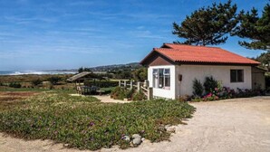 A single-story house with a red roof, a small porch, and a garden with purple flowers. - Beautiful House, Wave/Surf Steps. Point of Wolves (pichilemu)